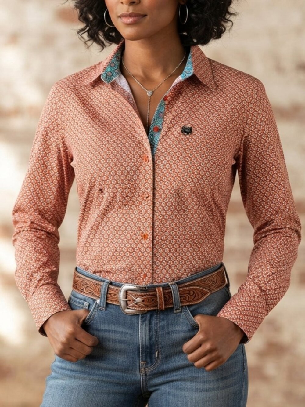 Cinch Women's Long Sleeve Button Down Shirt Size XL Orange Teal Geometric Cotton